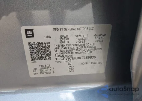 2019 Chevrolet Silverado 1500 Lt z USA, uszkodzony, nr VIN 1GCPWCEK9KZ189836